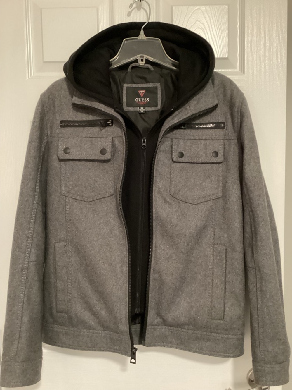 Men’s GUESS Gray Heavy Wool Coat with Black Inner Lining and Hood